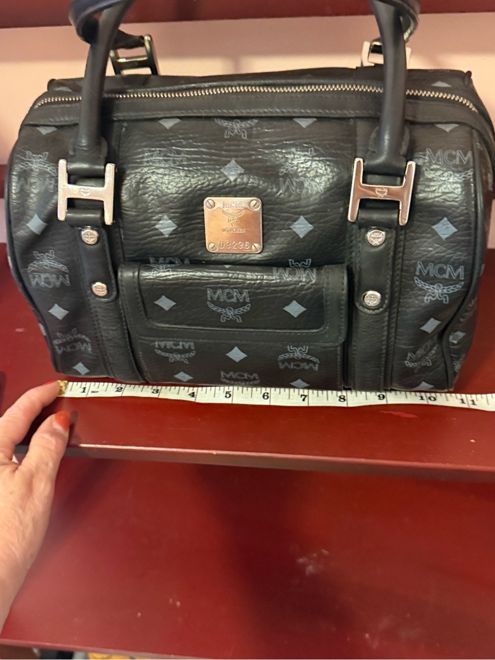 MCM Black Logo Leather Duffel Satchel with Silver Hardware